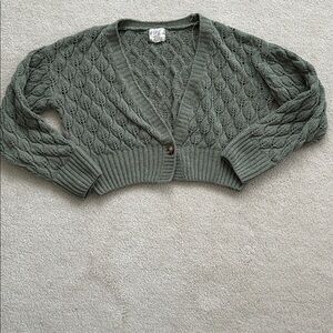 Hippie Rose Sage Green Knit Cropped Cardigan Open Stitch Leaf Pattern - Size M